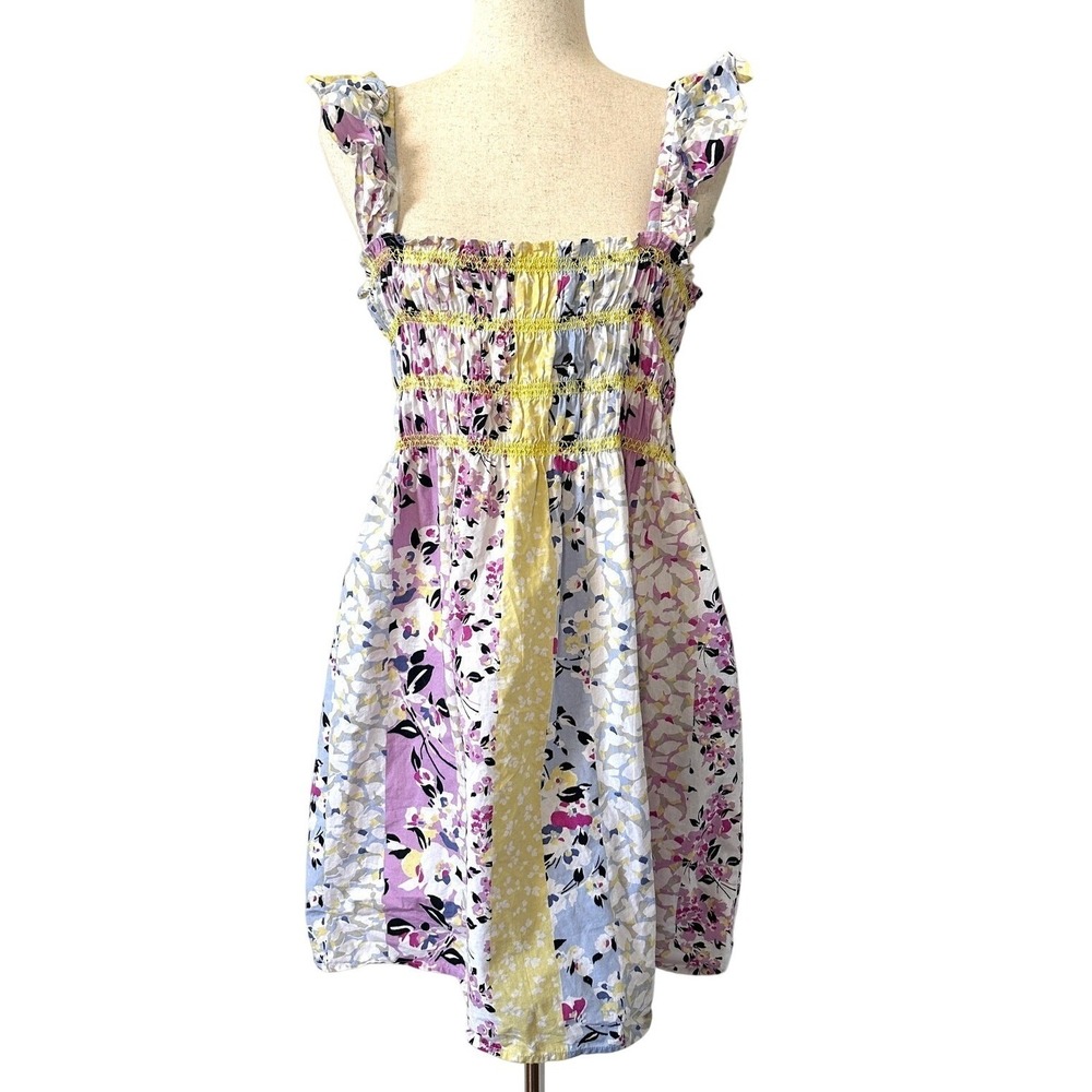 French Connection Smocked Floral Mini Dress 10 Organic Cotton Cottage Boho